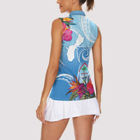 Hafa Adai Guam Women Sleeveless Polo Shirt Tropical Flowers Blue Gradient