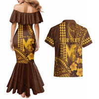 Personalised Hawaii Mililani High School Couples Matching Mermaid Dress and Hawaiian Shirt Tribal Tattoo With Hibiscus Flowers