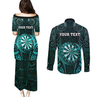 Personalised New Zealand Darts Couples Matching Puletasi and Long Sleeve Button Shirt Turquoise Dart Board Maori Pattern