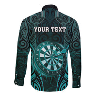 Personalised New Zealand Darts Long Sleeve Button Shirt Turquoise Dart Board Maori Pattern LT05 - Polynesian Pride