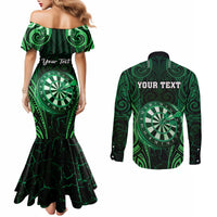 Personalised New Zealand Darts Couples Matching Mermaid Dress and Long Sleeve Button Shirt Green Dart Board Maori Pattern LT05 - Polynesian Pride