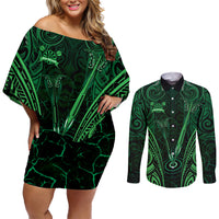 Personalised New Zealand Darts Couples Matching Off Shoulder Short Dress and Long Sleeve Button Shirt Green Dart Board Maori Pattern LT05 Green - Polynesian Pride