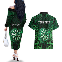 Personalised New Zealand Darts Couples Matching Off The Shoulder Long Sleeve Dress and Hawaiian Shirt Green Dart Board Maori Pattern