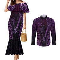 Personalised New Zealand Darts Couples Matching Mermaid Dress and Long Sleeve Button Shirt Purple Dart Board Maori Pattern LT05 Purple - Polynesian Pride