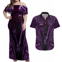 Personalised New Zealand Darts Couples Matching Off Shoulder Maxi Dress and Hawaiian Shirt Purple Dart Board Maori Pattern LT05 Purple - Polynesian Pride