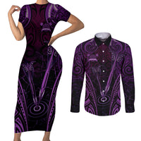 Personalised New Zealand Darts Couples Matching Short Sleeve Bodycon Dress and Long Sleeve Button Shirt Purple Dart Board Maori Pattern