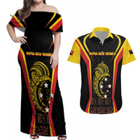 Custom Papua New Guinea Cricket Couples Matching Off Shoulder Maxi Dress and Hawaiian Shirt 2024 World Cup LT05 Black - Polynesian Pride