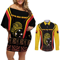 Custom Papua New Guinea Cricket Couples Matching Off Shoulder Short Dress and Long Sleeve Button Shirt 2024 World Cup LT05 Black - Polynesian Pride
