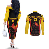 Custom Papua New Guinea Cricket Couples Matching Off The Shoulder Long Sleeve Dress and Long Sleeve Button Shirt 2024 World Cup