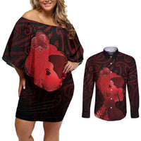 Aotearoa Mana Wahine Couples Matching Off Shoulder Short Dress and Long Sleeve Button Shirt The Spiritual Power Of Women LT05 Red - Polynesian Pride