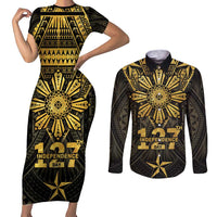 Personalised Philippines Independence Day Couples Matching Short Sleeve Bodycon Dress and Long Sleeve Button Shirt Filipinos Sun Star Tribal