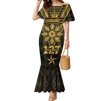 Personalised Philippines Independence Day Family Matching Mermaid Dress and Hawaiian Shirt Filipinos Sun Star Tribal LT05 Mom's Dress Gold - Polynesian Pride
