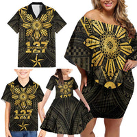 Personalised Philippines Independence Day Family Matching Off Shoulder Short Dress and Hawaiian Shirt Filipinos Sun Star Tribal