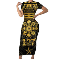 Personalised Philippines Independence Day Short Sleeve Bodycon Dress Filipinos Sun Star Tribal LT05 Long Dress Gold - Polynesian Pride