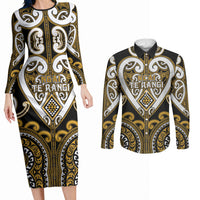 Custom Aotearoa Ngai Te Rangi Couples Matching Long Sleeve Bodycon Dress and Long Sleeve Button Shirt Maori Tribal Pattern LT05 Gold - Polynesian Pride