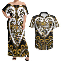 Custom Aotearoa Ngai Te Rangi Couples Matching Off Shoulder Maxi Dress and Hawaiian Shirt Maori Tribal Pattern LT05 Gold - Polynesian Pride
