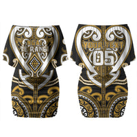 Custom Aotearoa Ngai Te Rangi Family Matching Off Shoulder Short Dress and Hawaiian Shirt Maori Tribal Pattern LT05 Mom's Dress Gold - Polynesian Pride
