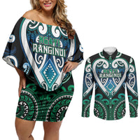 Custom Aotearoa Ngati Ranginui Couples Matching Off Shoulder Short Dress and Long Sleeve Button Shirt Maori Tribal Pattern LT05 Cyan - Polynesian Pride
