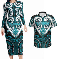 Custom Aotearoa Tapuika Couples Matching Long Sleeve Bodycon Dress and Hawaiian Shirt Maori Tribal Pattern LT05 Teal - Polynesian Pride
