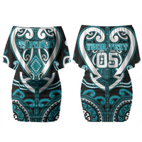 Custom Aotearoa Tapuika Family Matching Off Shoulder Short Dress and Hawaiian Shirt Maori Tribal Pattern LT05 Mom's Dress Teal - Polynesian Pride