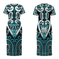 Custom Aotearoa Tapuika Family Matching Short Sleeve Bodycon Dress and Hawaiian Shirt Maori Tribal Pattern LT05 Mom's Dress Teal - Polynesian Pride