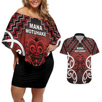 Personalised Aotearoa Mana Motuhake Couples Matching Off Shoulder Short Dress and Hawaiian Shirt Poutama With Maori Pattern - Polynesian Pride