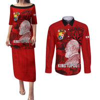Tonga King Tupou I Day Couples Matching Puletasi Dress and Long Sleeve Button Shirts Tropical Flowers With Ngatu Pattern LT05 Red - Polynesian Pride