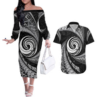 Personalised New Zealand Bungy Jumping Couples Matching Off The Shoulder Long Sleeve Dress and Hawaiian Shirt Maori Pattern LT05 Black - Polynesian Pride