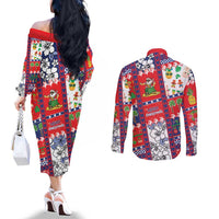 Wallis And Futuna Christmas Couples Matching Off The Shoulder Long Sleeve Dress and Long Sleeve Button Shirt Festive Beach Vibes - Polynesian Pride