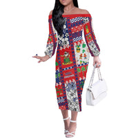 Wallis And Futuna Christmas Off The Shoulder Long Sleeve Dress Festive Beach Vibes LT05 Women Red - Polynesian Pride