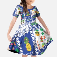 Northern Mariana Islands Christmas Family Matching Off The Shoulder Long Sleeve Dress and Hawaiian Shirt Festive Beach Vibes LT05 Daughter's Dress Blue - Polynesian Pride