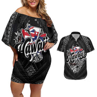 Hawaii November 28th Couples Matching Off Shoulder Short Dress and Hawaiian Shirt Kanaka Maoli Tribal Pattern LT05 Black - Polynesian Pride
