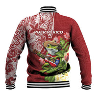 Puerto Rico Coqui Frog Baseball Jacket Tropical Flowers Polynesian Style - Polynesian Pride