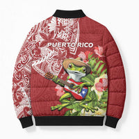 Puerto Rico Coqui Frog Bomber Puffer Jacket Tropical Flowers Polynesian Style - Polynesian Pride