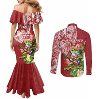 Puerto Rico Coqui Frog Couples Matching Mermaid Dress and Long Sleeve Button Shirt Tropical Flowers Polynesian Style - Polynesian Pride