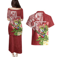 Puerto Rico Coqui Frog Couples Matching Puletasi and Hawaiian Shirt Tropical Flowers Polynesian Style - Polynesian Pride