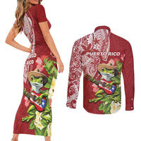Puerto Rico Coqui Frog Couples Matching Short Sleeve Bodycon Dress and Long Sleeve Button Shirt Tropical Flowers Polynesian Style - Polynesian Pride