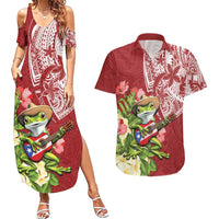 Puerto Rico Coqui Frog Couples Matching Summer Maxi Dress and Hawaiian Shirt Tropical Flowers Polynesian Style - Polynesian Pride