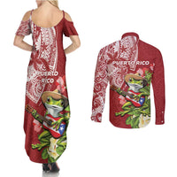 Puerto Rico Coqui Frog Couples Matching Summer Maxi Dress and Long Sleeve Button Shirt Tropical Flowers Polynesian Style - Polynesian Pride