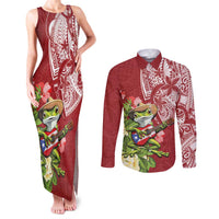 Puerto Rico Coqui Frog Couples Matching Tank Maxi Dress and Long Sleeve Button Shirt Tropical Flowers Polynesian Style - Polynesian Pride