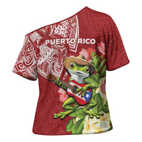 Puerto Rico Coqui Frog Cross Shoulder Shirt Tropical Flowers Polynesian Style - Polynesian Pride