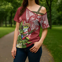 Puerto Rico Coqui Frog Cross Shoulder Shirt Tropical Flowers Polynesian Style - Polynesian Pride