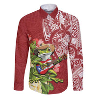 Puerto Rico Coqui Frog Family Matching Long Sleeve Bodycon Dress and Hawaiian Shirt Tropical Flowers Polynesian Style LT05 Dad's Shirt - Long Sleeve Red - Polynesian Pride