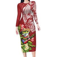 Puerto Rico Coqui Frog Family Matching Long Sleeve Bodycon Dress and Hawaiian Shirt Tropical Flowers Polynesian Style LT05 Mom's Dress Red - Polynesian Pride