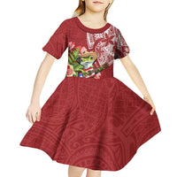 Puerto Rico Coqui Frog Kid Short Sleeve Dress Tropical Flowers Polynesian Style - Polynesian Pride