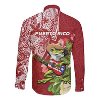 Puerto Rico Coqui Frog Long Sleeve Button Shirt Tropical Flowers Polynesian Style - Polynesian Pride