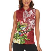 Puerto Rico Coqui Frog Women Sleeveless Polo Shirt Tropical Flowers Polynesian Style - Polynesian Pride