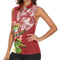 Puerto Rico Coqui Frog Women Sleeveless Polo Shirt Tropical Flowers Polynesian Style - Polynesian Pride