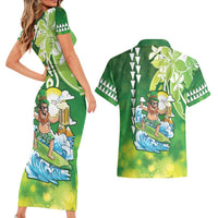 Hawaii Saint Patrick's Day Couples Matching Short Sleeve Bodycon Dress and Hawaiian Shirt Funny Surfing Leprechaun