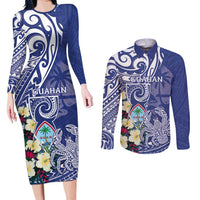 Personalised Hafa Adai Guam Couples Matching Long Sleeve Bodycon Dress and Long Sleeve Button Shirt Latte Stone With Coconut Crab